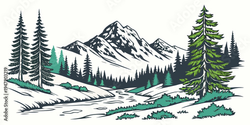A mountain landscape with trees and snow Vector