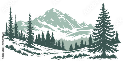 A snowy mountain landscape with pine trees Vector