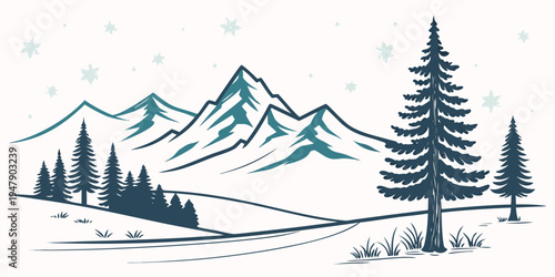 Snowy mountain landscape with pine trees Vector