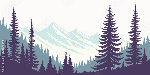 A scenic mountain landscape with pine trees Vector