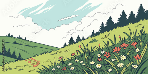 A pixel art landscape with a field of flowers and trees on a hillside Vector