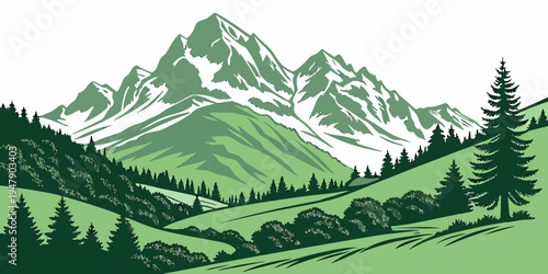A green mountain range with trees and rolling hills Vector