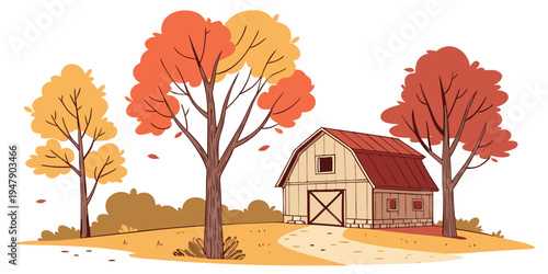 A small house with a red roof surrounded by autumn trees Vector