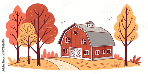 A red barn with a gray roof surrounded by autumn trees Vector