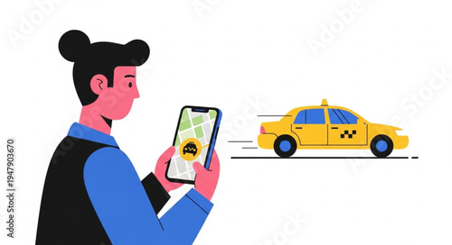 Woman Using Phone Near Taxi.