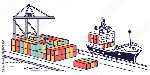 Cargo ship and containers at a port Vector