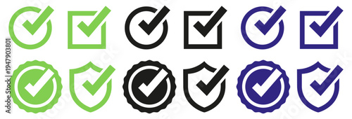 Set of 12 Check Mark Icons Vector in Green, Black, and Blue for Approval, Confirmation, and Success Status Indicators