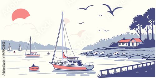 A serene harbor scene with boats and a pier Vector