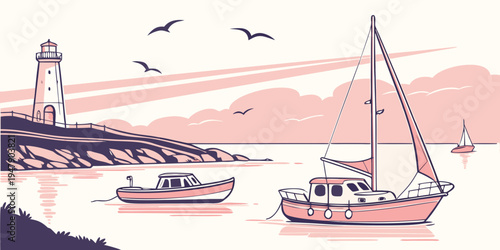 Sailboats and a lighthouse by the seaside Vector