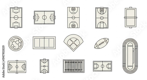 Diverse Collection of Sports Field and Court Layout Illustrations.