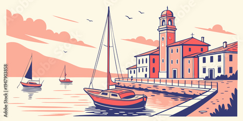 Boats are docked near a lighthouse by the sea Vector