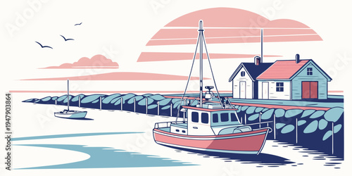 A red boat is docked next to a house by the water Vector