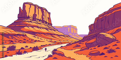 A pixel art landscape of a desert canyon with a river Vector