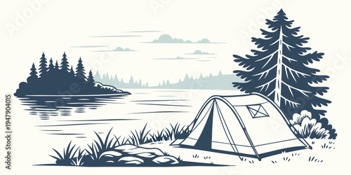 A tent pitched near a lake and trees Vector