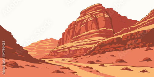 A desert landscape with a large red rock formation Vector