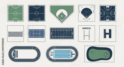 Overhead Views of Various Sports Fields and Courts.