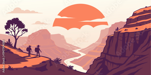 A serene mountain landscape with a winding river at sunset Vector