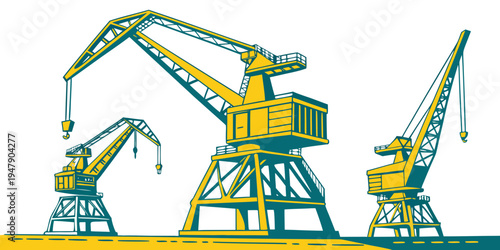Three large yellow and blue cranes on a flat surface Vector