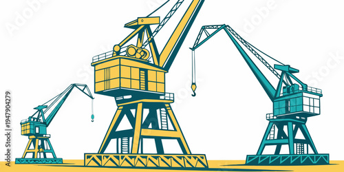 Three industrial cranes on a yellow surface Vector