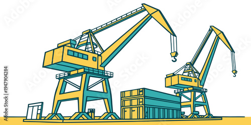 Two large cranes are lifting a container on a construction site Vector