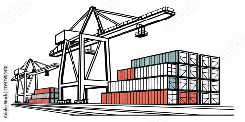A stack of shipping containers next to large cranes Vector