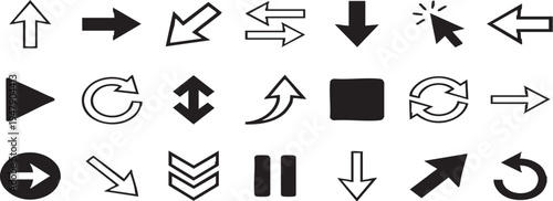 Set of 20 black arrow and media control icons including play, pause, stop, refresh, and cursor designs isolated on white background