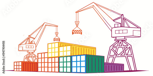 A colorful illustration of shipping containers and cranes Vector