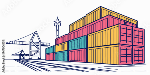A stack of colorful shipping containers at a port Vector