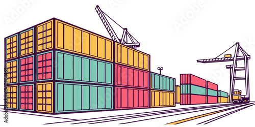 A stack of colorful shipping containers at a port Vector