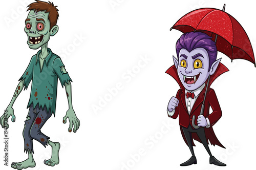 Cartoon zombie character, cartoon vampire character, Halloween illustration, spooky monster art, undead creature design, horror fantasy drawing, creepy costume artwork, scary night