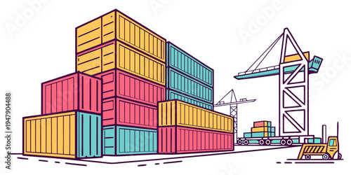 A stack of colorful shipping containers at a port Vector