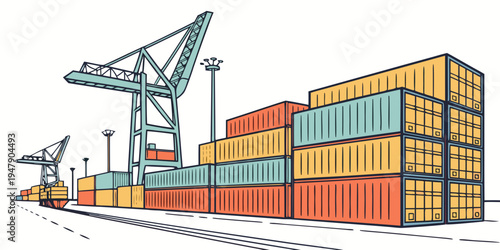 A large cargo port with shipping containers and cranes Vector