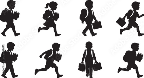Set of seven black silhouettes of children walking and running with backpacks, books, and briefcases isolated on white background