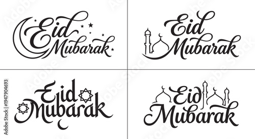 Set of four decorative Eid Mubarak text designs with crescent moons, stars, minarets, and mosque domes isolated on white background