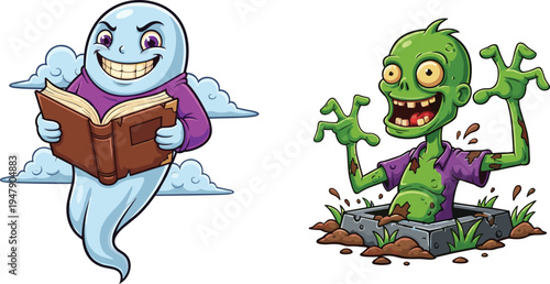 Cartoon ghost character, cartoon zombie character, Halloween illustration, spooky monster art, creepy graveyard drawing, fantasy horror design, supernatural costume artwork, scary night scene