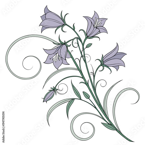 Decorative Bellflower Stem with Purple Flowers, Buds and Swirl Ornaments, Vector Illustration