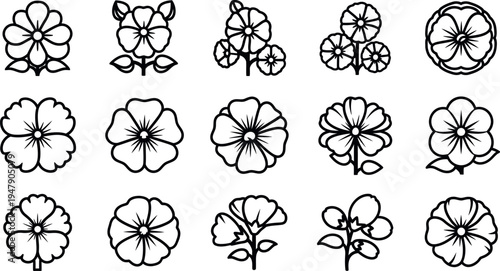 Black line of various flowers on white background line black and white 1 decorative flowers