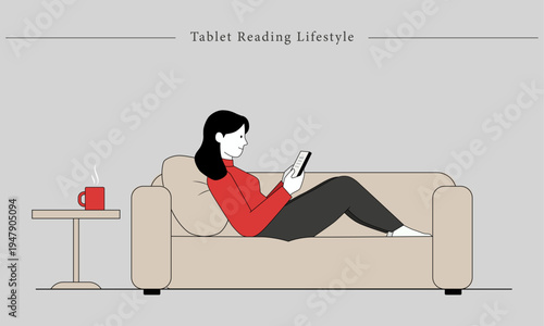 Tablet Reading Lifestyle Flat Line Art Cozy Digital Relaxation Illustration