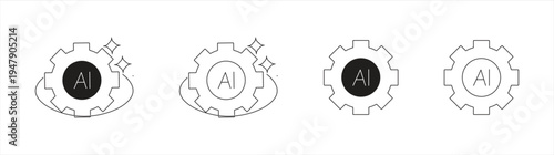 AI Automation Gear Line Icon – Artificial Intelligence Process Outline Vector