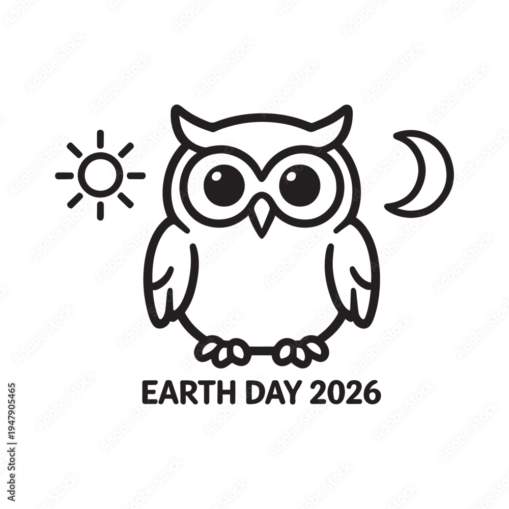 Fototapeta premium Earth Day 2026 Owl Sun And Moon Outline For Coloring And Crafts