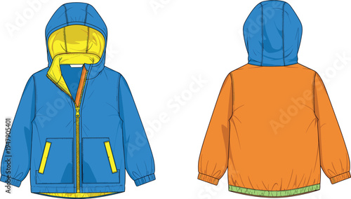 Children’s hooded jacket, front and back view, colorful design, zipper closure, elastic cuffs, pockets, fashion sketch, apparel illustration template