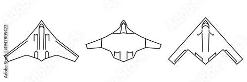 Bomber Planes Stealth Military Aircrafts Line Art Icons. Three Models Of Bombers In White Background