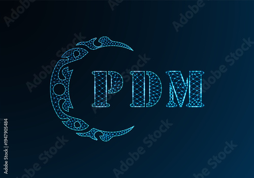 Low poly letter logo PDM design. PDM letter logo low poly vector design on blue color gradient background. PDM logo low poly design