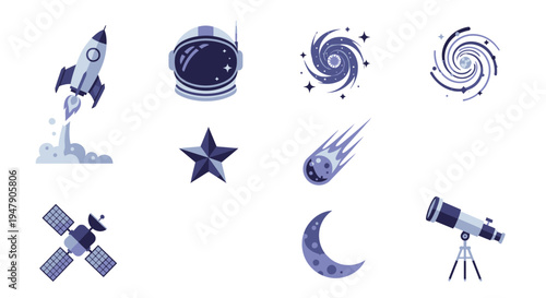 Space icons with celestial objects and telescope.