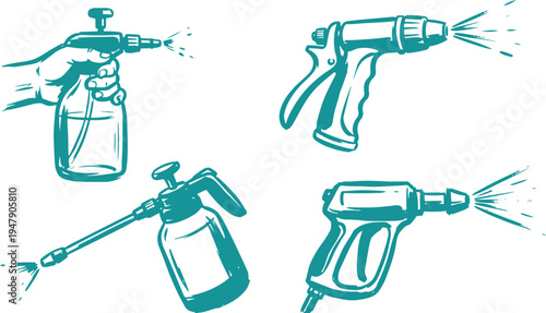 Hand Drawn Garden Sprayer Set Vector Illustration, Water Spray Bottle Sketch Collection.