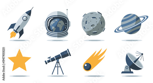 Space icons with planets and rockets.