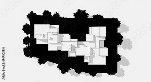 Architectural Plan of a Modern House Surrounded by Trees.
