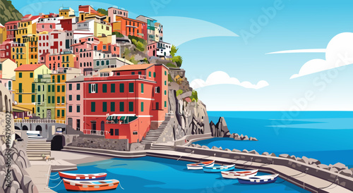Charming Italian Coastal Village Vector Illustration Picturesque Mediterranean Seaside Scenery