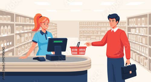 Supermarket checkout vector illustration of a customer paying at the cashier with a shopping basket and a briefcase in a modern store