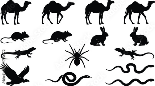 Camel Silhouette Mouse Rabbit Lizard Spider Eagle Snake Bird Reptile Mammal Desert Wildlife Animal Vector Black Collection Icon Set Arid